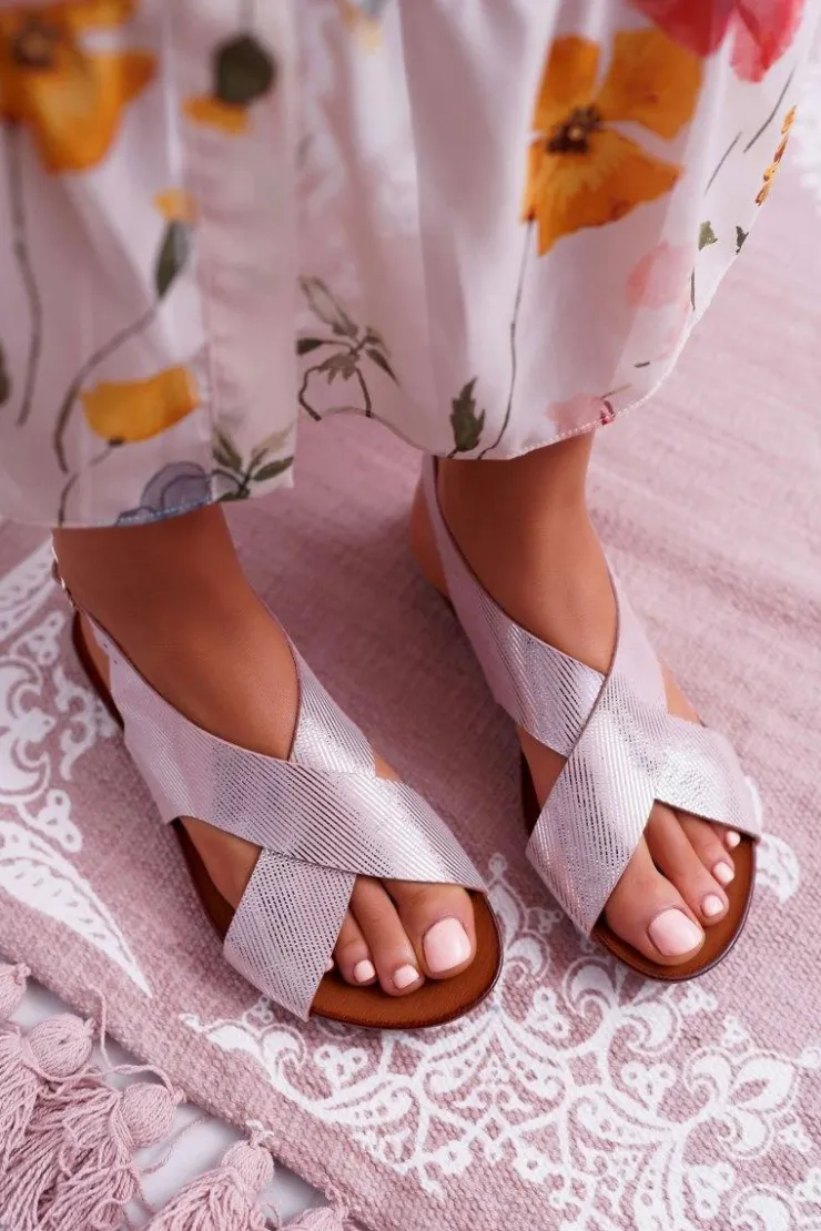 Laura Messi Sandały Płaskie*Sandały Damskie Płaskie Skórzane Różowe 1960