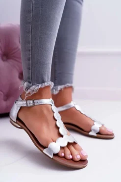 Boto Sandały Płaskie*Sandały Damskie Płaskie Skórzane Srebrne Nicole 2403 Melbourne