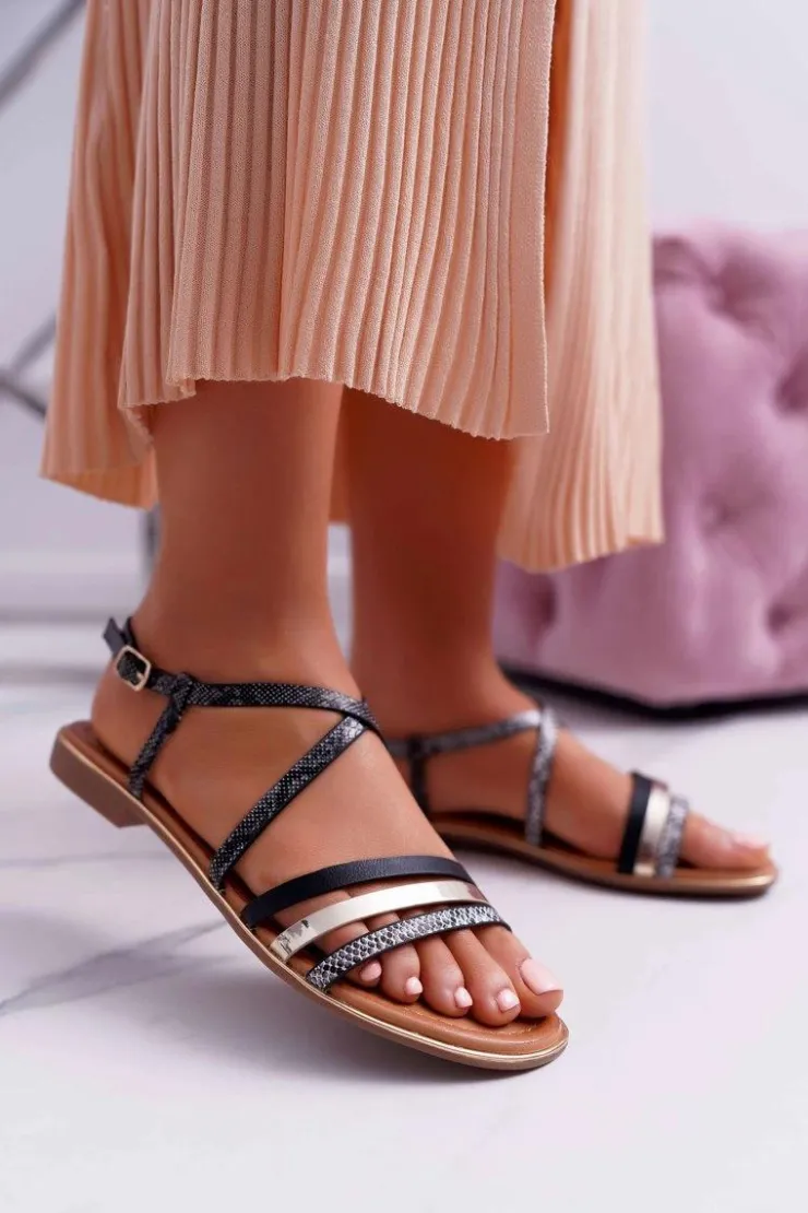 Online Boto Sandały Damskie Płaskie Skóra Węża Czarne Dahira