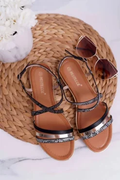 Online Boto Sandały Damskie Płaskie Skóra Węża Czarne Dahira