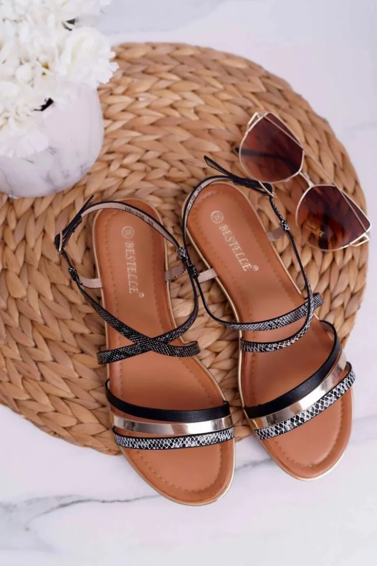 Online Boto Sandały Damskie Płaskie Skóra Węża Czarne Dahira