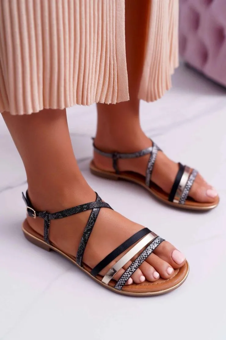 Online Boto Sandały Damskie Płaskie Skóra Węża Czarne Dahira