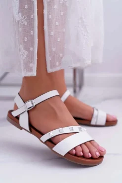 Damskie buty S.Barski Sandały Płaskie*Sandały Damskie Płaskie Srebrne Ćwieki Białe Raven