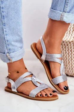Boto Sandały Płaskie*Sandały Damskie Płaskie Srebrne Rachel