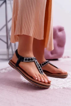 Damskie Boto Sandały Damskie Płaskie Wsuwane Z Cyrkoniami Czarne Mabellena