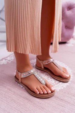 Boto Sandały Płaskie*Sandały Damskie Płaskie Wsuwane Z Cyrkoniami Champagne Mabellena