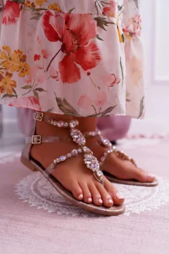 Boto Sandały Płaskie*Sandały Damskie Płaskie Z Cyrkoniami Champagne Karra