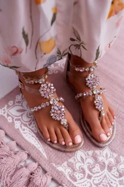 Boto Sandały Płaskie*Sandały Damskie Płaskie Z Cyrkoniami Champagne Karra