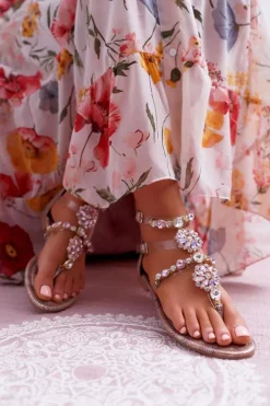 Boto Sandały Płaskie*Sandały Damskie Płaskie Z Cyrkoniami Champagne Karra