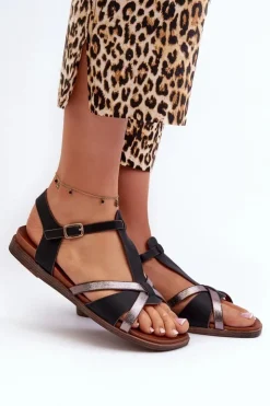 Buty Sergio Leone Sandały Płaskie*Sandały Damskie Płaskie Z Eko Skóry Sergio Leone SK071H Czarne