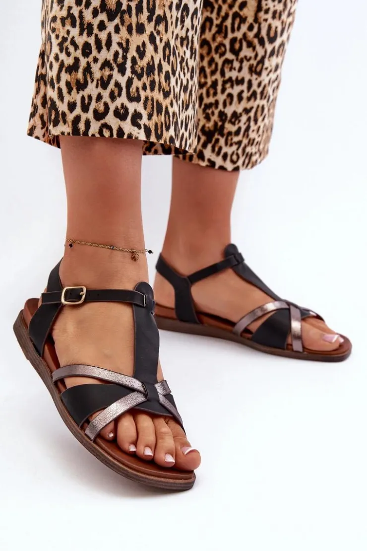 Buty Sergio Leone Sandały Płaskie*Sandały Damskie Płaskie Z Eko Skóry Sergio Leone SK071H Czarne