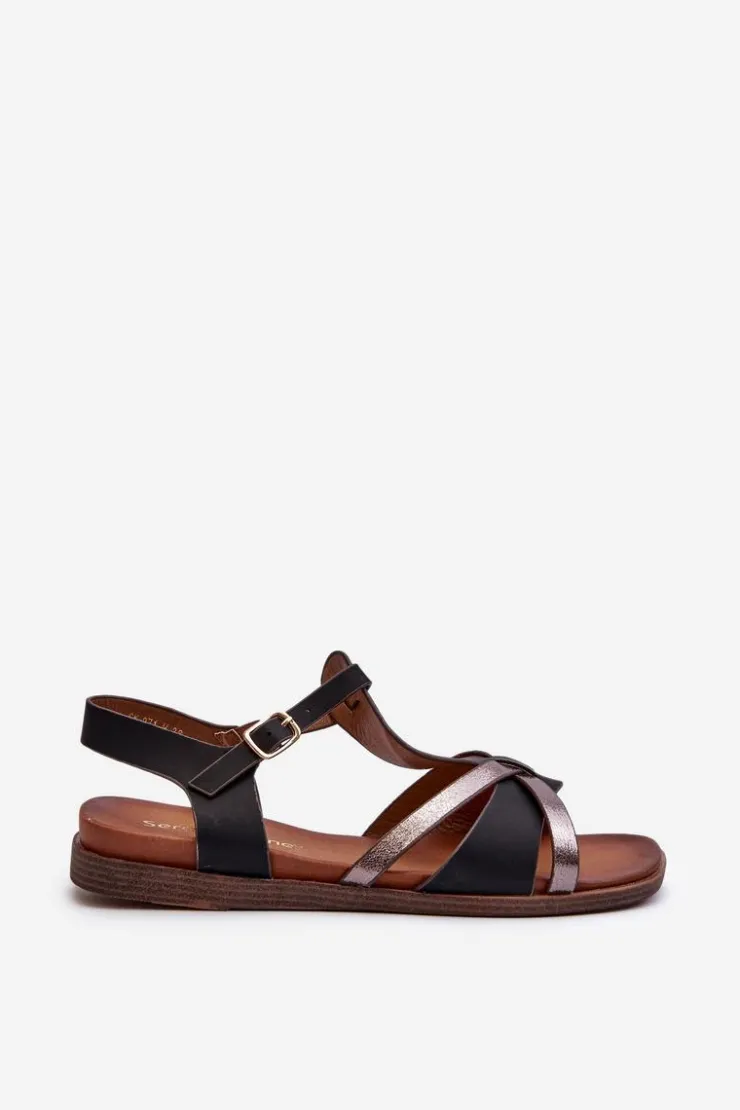 Buty Sergio Leone Sandały Płaskie*Sandały Damskie Płaskie Z Eko Skóry Sergio Leone SK071H Czarne