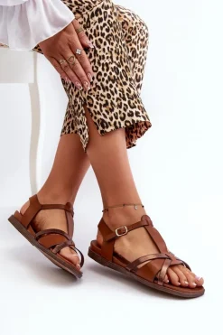 Damskie Buty Sergio Leone Sandały Damskie Płaskie Z Eko Skóry Sergio Leone SK071H Brązowe