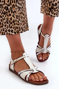 Discount Buty Sergio Leone Sandały Damskie Płaskie Z Eko Skóry Sergio Leone SK071H Białe Biały