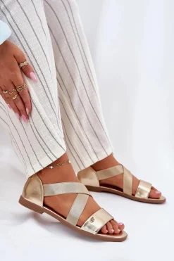 Evento Sandały Płaskie*Sandały Damskie Płaskie Z Elastycznymi Paskami Złote Marinea Złoty