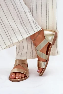 Evento Sandały Płaskie*Sandały Damskie Płaskie Z Elastycznymi Paskami Złote Marinea Złoty