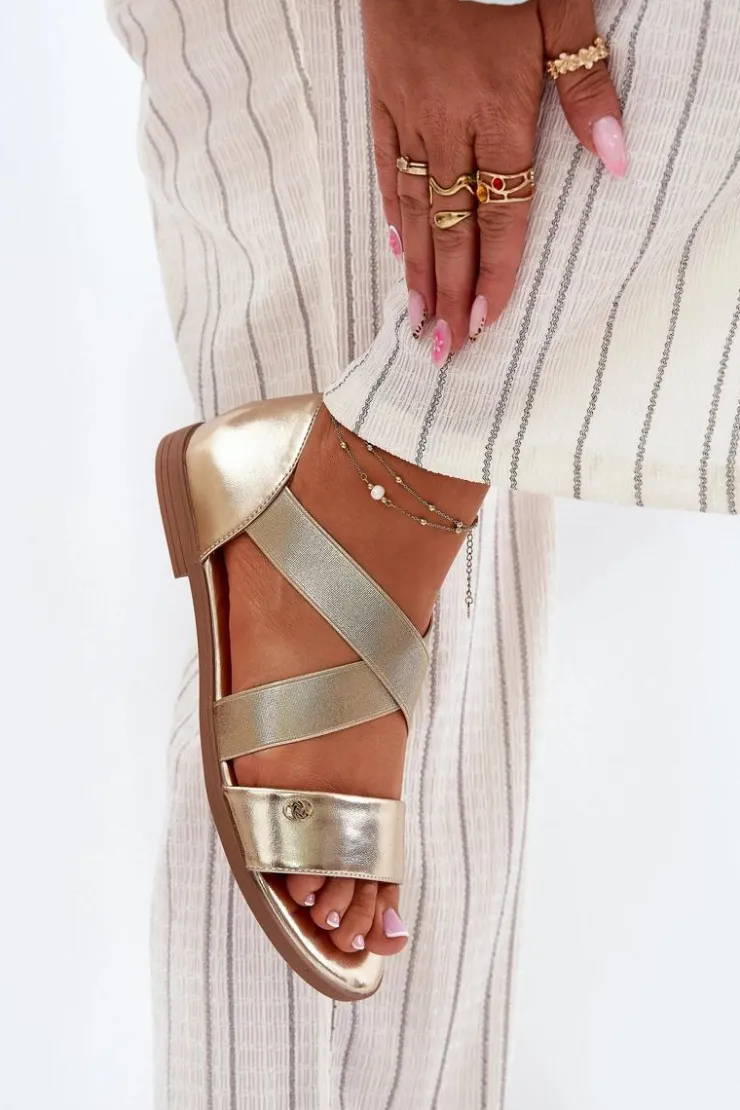 Evento Sandały Płaskie*Sandały Damskie Płaskie Z Elastycznymi Paskami Złote Marinea Złoty