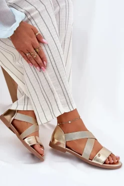 Evento Sandały Płaskie*Sandały Damskie Płaskie Z Elastycznymi Paskami Złote Marinea Złoty