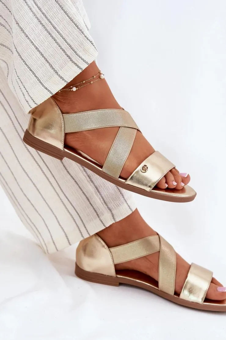 Evento Sandały Płaskie*Sandały Damskie Płaskie Z Elastycznymi Paskami Złote Marinea Złoty