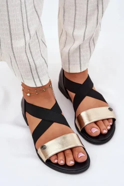 Sale Evento Sandały Damskie Płaskie Z Elastycznymi Paskami Czarno-Złote Marinea