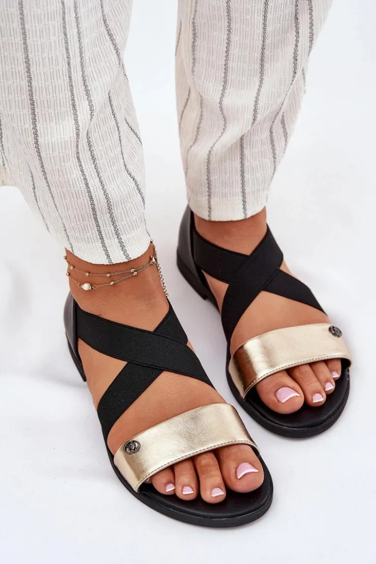 Sale Evento Sandały Damskie Płaskie Z Elastycznymi Paskami Czarno-Złote Marinea