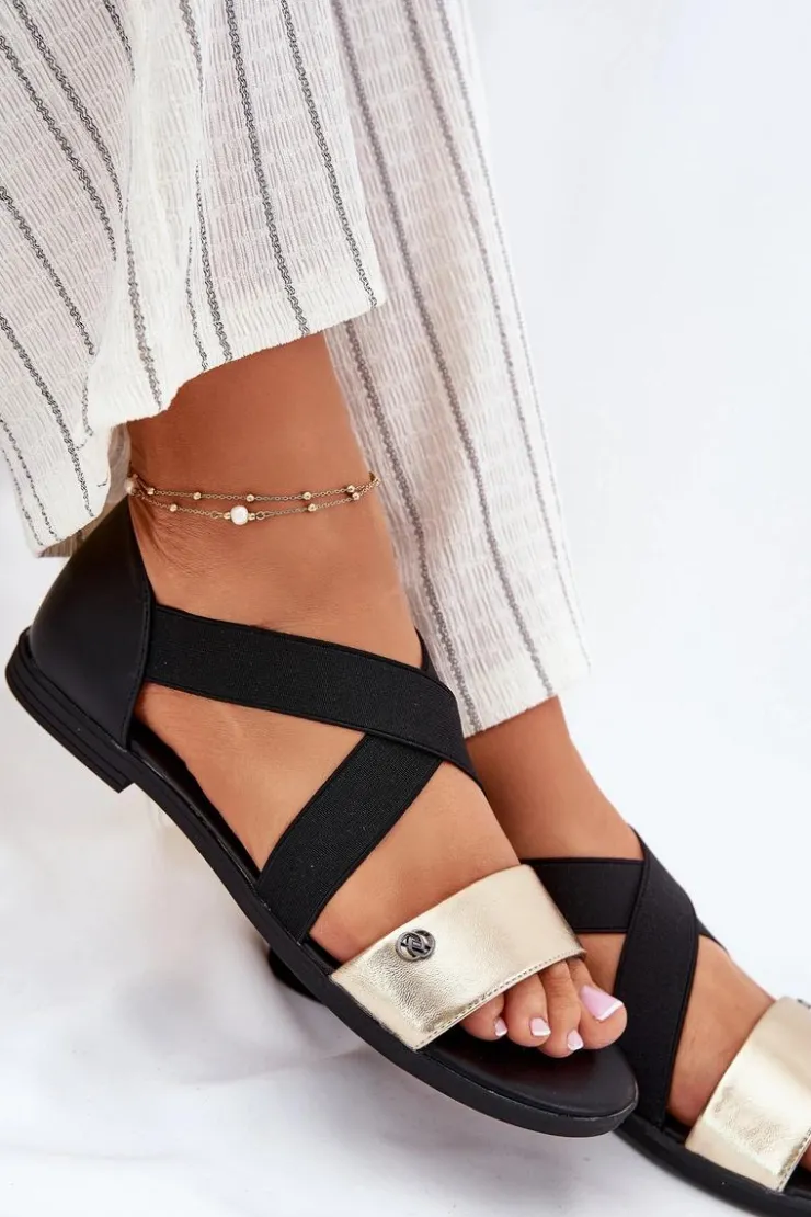Sale Evento Sandały Damskie Płaskie Z Elastycznymi Paskami Czarno-Złote Marinea