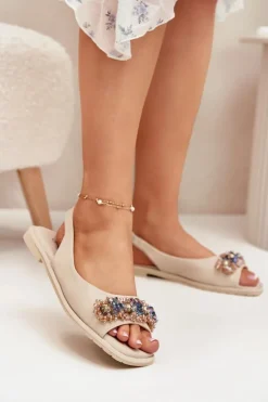 Damskie Damskie buty S.Barski Sandały Damskie Płaskie Z Kryształkami S.Barski KV51-079 Beżowe