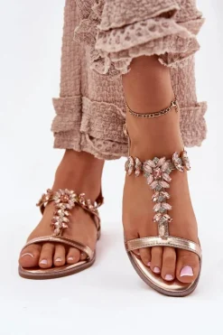 Boto Sandały Płaskie*Sandały Damskie Płaskie Z Kryształkami Różowe Złoto Saane