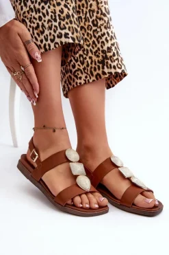 Damskie Buty Sergio Leone Sandały Damskie Płaskie Z Ozdobami Sergio Leone SK072H Brązowe