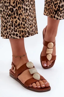 Damskie Buty Sergio Leone Sandały Damskie Płaskie Z Ozdobami Sergio Leone SK072H Brązowe