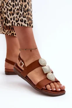 Damskie Buty Sergio Leone Sandały Damskie Płaskie Z Ozdobami Sergio Leone SK072H Brązowe