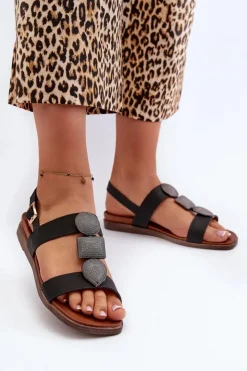 Damskie Buty Sergio Leone Sandały Damskie Płaskie Z Ozdobami Sergio Leone SK072H Czarne