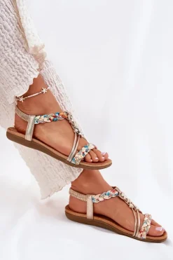 Damskie Artiker Sandały Damskie Płaskie Z Plecionymi Paskami I Przypinkami 54C1323 Złote