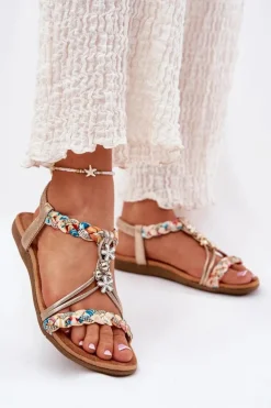 Damskie Artiker Sandały Damskie Płaskie Z Plecionymi Paskami I Przypinkami 54C1323 Złote