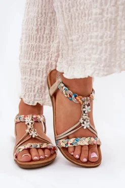 Damskie Artiker Sandały Damskie Płaskie Z Plecionymi Paskami I Przypinkami 54C1323 Złote