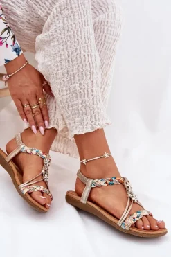 Damskie Artiker Sandały Damskie Płaskie Z Plecionymi Paskami I Przypinkami 54C1323 Złote