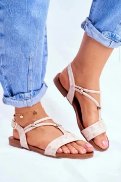 Damskie Damskie buty S.Barski Sandały Damskie Płaskie Z Paskami i Cyrkoniami Champagne Madeline