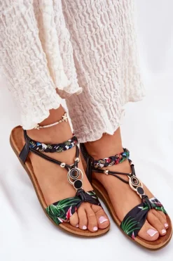 Clearance Artiker Sandały Damskie Płaskie Z Plecionymi Paskiem I Ozdobą 56C1318 Czarne Czarny