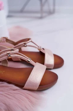 Damskie buty S.Barski Sandały Płaskie*Sandały Damskie Płaskie Z Paskami i Cyrkoniami Różowe Madeline