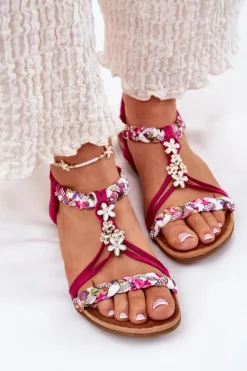 Damskie Artiker Sandały Damskie Płaskie Z Plecionymi Paskami I Przypinkami 56C1314 Fuksja