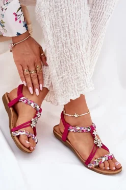 Damskie Artiker Sandały Damskie Płaskie Z Plecionymi Paskami I Przypinkami 56C1314 Fuksja