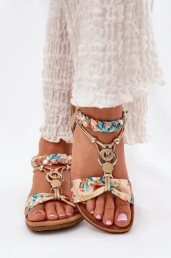 Artiker Sandały Płaskie*Sandały Damskie Płaskie Z Plecionymi Paskiem I Ozdobą 56C1316 Złote Złoty