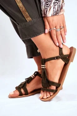 Boto Sandały Płaskie*Sandały Damskie Płaskie Zamszowe Boho Oliwkowe Lucami