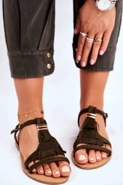 Boto Sandały Płaskie*Sandały Damskie Płaskie Zamszowe Boho Oliwkowe Lucami