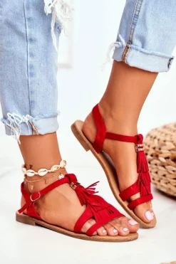 Best Boto Sandały Damskie Płaskie Zamszowe Boho Czerwone Lucami