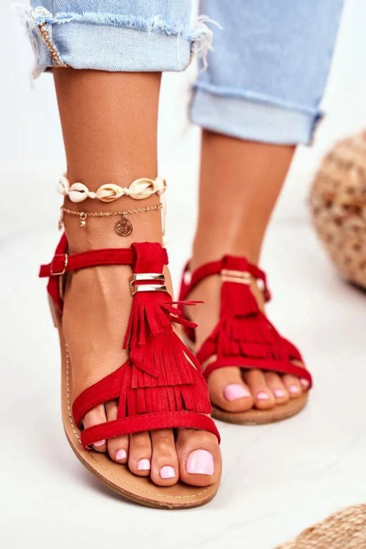 Best Boto Sandały Damskie Płaskie Zamszowe Boho Czerwone Lucami