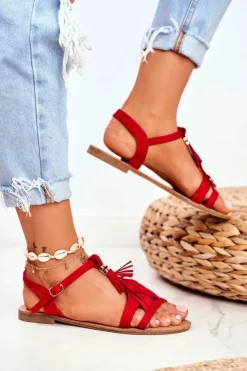 Best Boto Sandały Damskie Płaskie Zamszowe Boho Czerwone Lucami