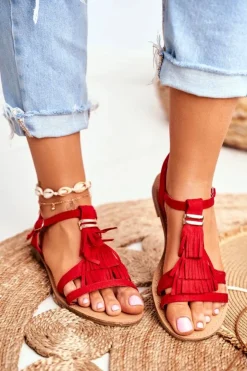 Best Boto Sandały Damskie Płaskie Zamszowe Boho Czerwone Lucami