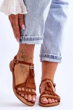 Boto Sandały Płaskie*Sandały Damskie Płaskie Zamszowe Boho Brązowe Lucami