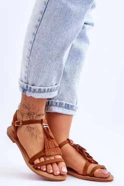 Boto Sandały Płaskie*Sandały Damskie Płaskie Zamszowe Boho Brązowe Lucami